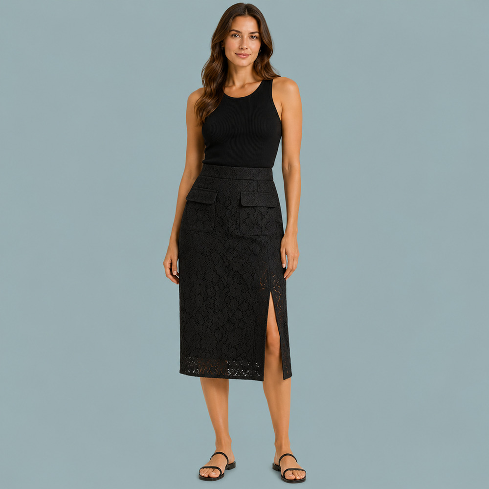 J. Crew Size 4 Black Solid Lace Front Pocket Side Slit Midi Pencil Skirt NEW